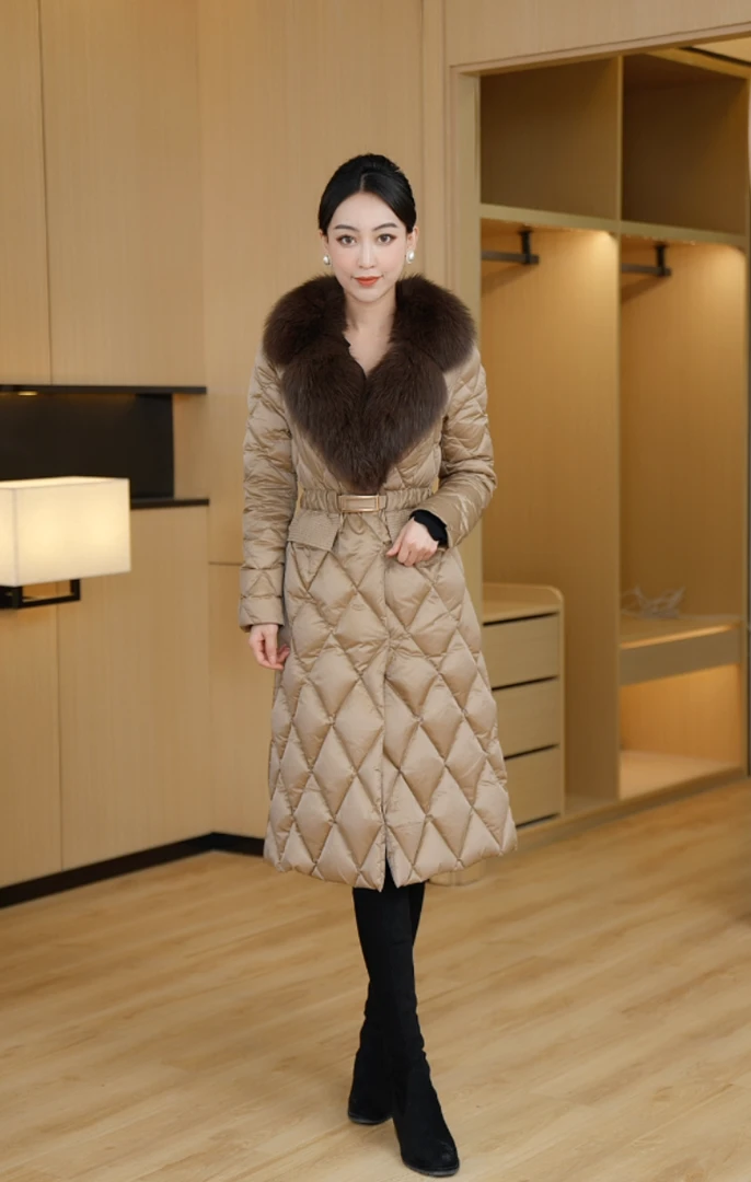 【卡布奇诺】大狐狸毛领长款羽绒服气质显瘦女中长款时尚保暖白鸭绒