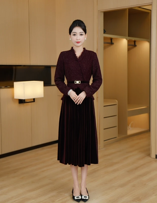 【玫瑰花圃】 新款气质显瘦中长款时尚连衣裙高贵优雅