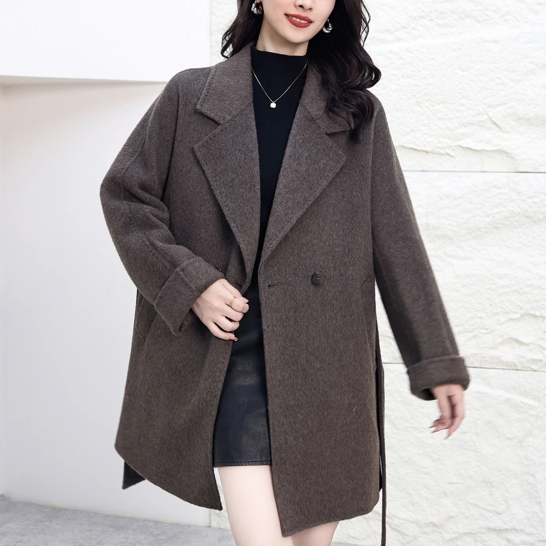Y163【100纯羊毛】高端长毛双面呢大衣女士秋冬修身西装外套中长款