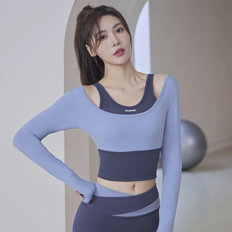 4646瑜伽服女春季新款带胸垫跑步显瘦速干运动上衣专业长袖健身服