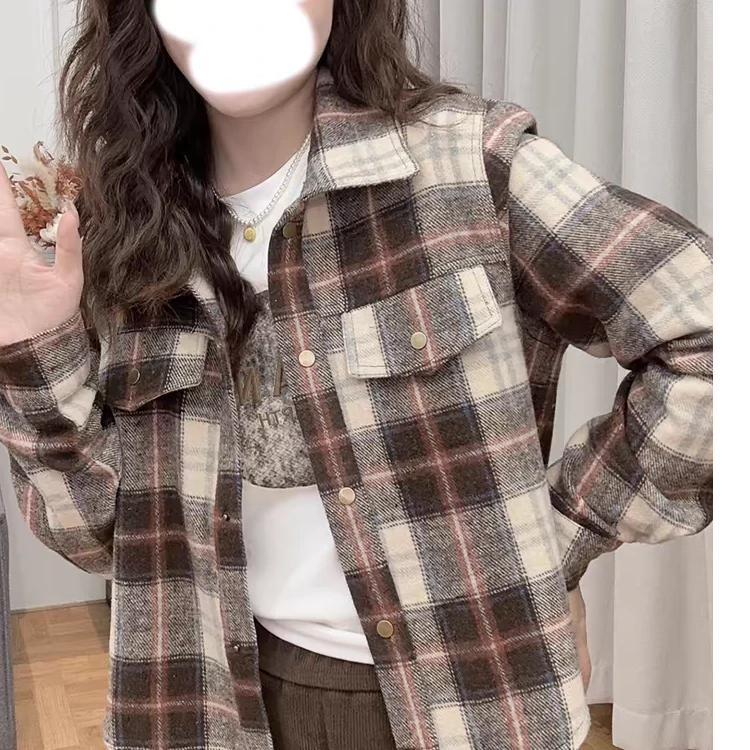 小个子短款撞色翻领格子衬衫女秋冬新款复古长袖休闲百搭开衫外套