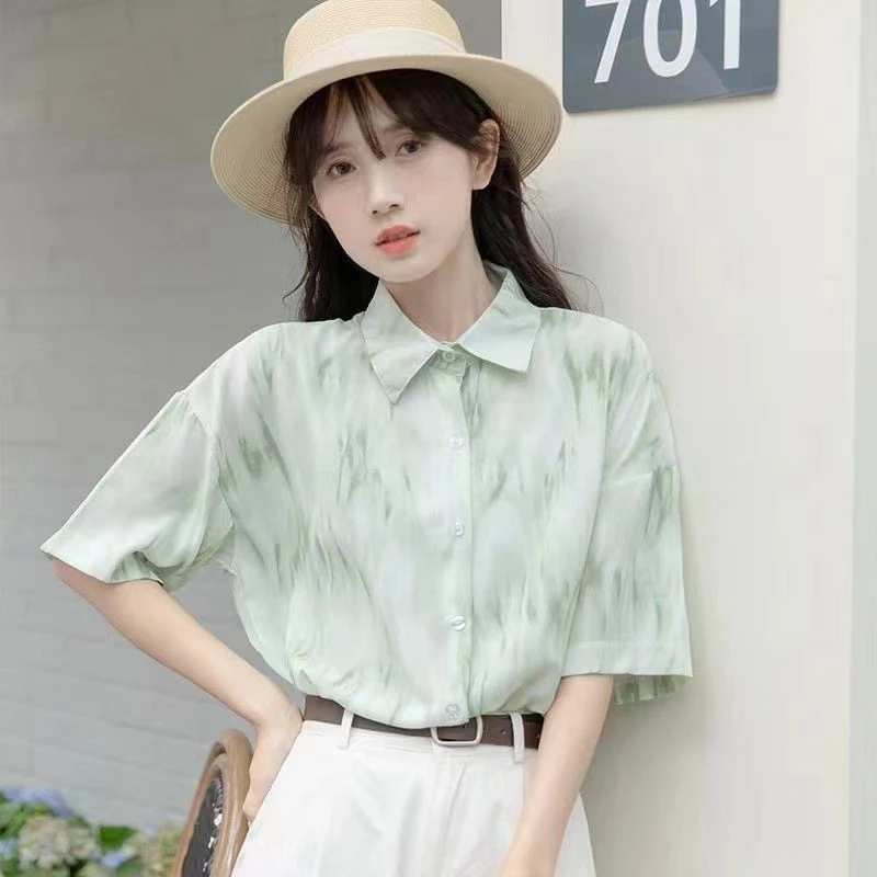 ins港风雪纺薄荷绿衬衫薄款女2024夏季设计感宽松印染上衣开衫潮