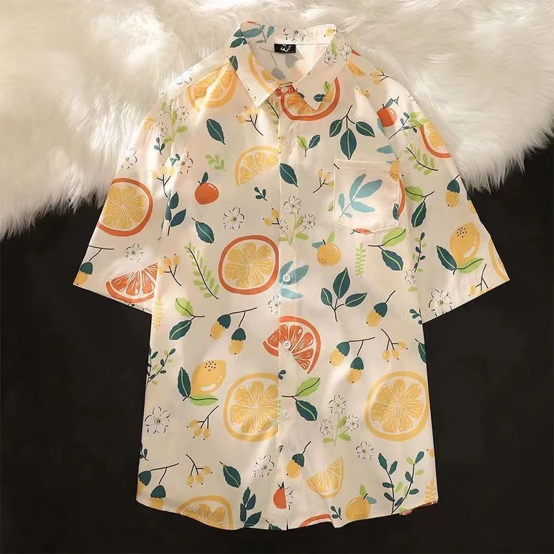 日系复古chic宽松情侣柠檬印花衬衫潮流百搭休闲男女短袖碎花衬衣