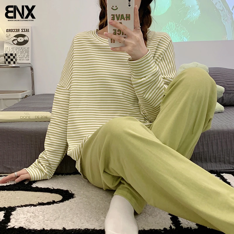 韩系高级感大码条纹睡衣女秋冬长袖2025新款秋天可外穿家居服套装