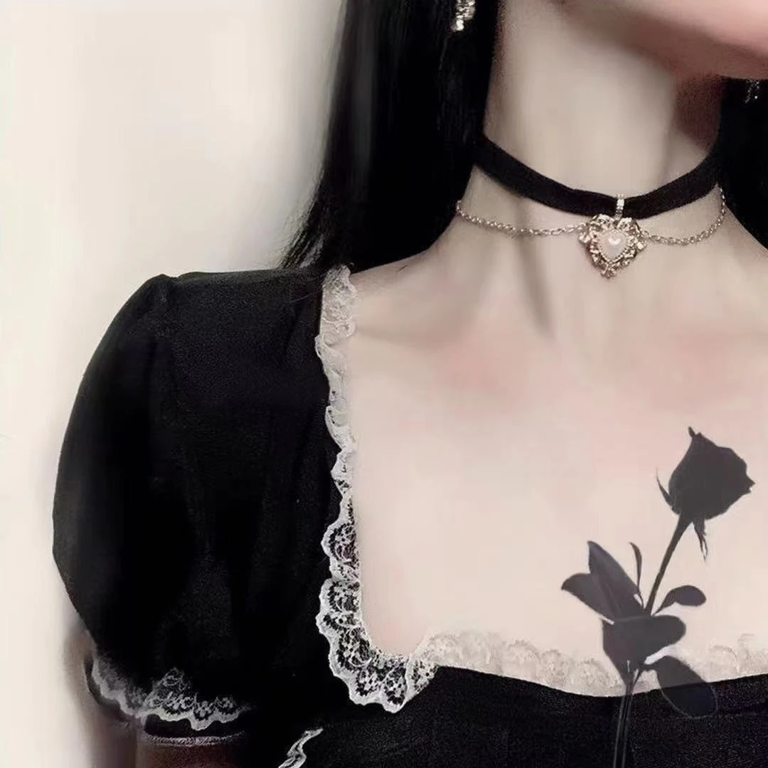 合金项链 复古巴洛克雕花贝珠爱心锁骨链choker少女项圈丝绒潮ins