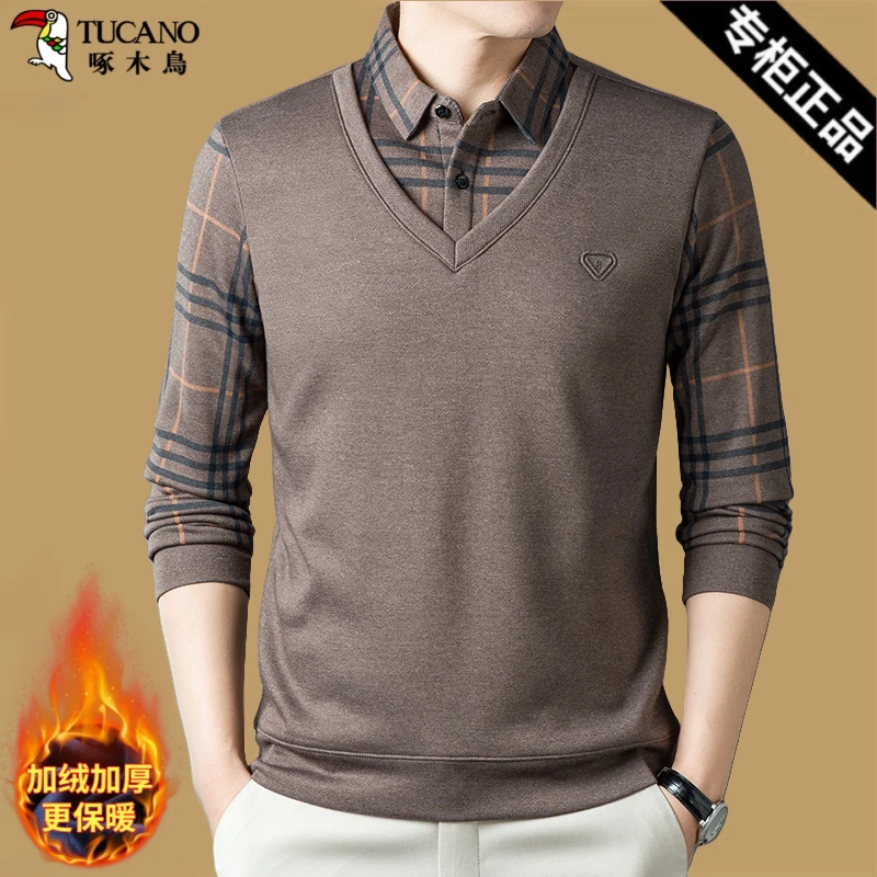 啄木鸟冬季男士保暖polo衫中青年休闲款加绒加厚抗起球打底衫上衣