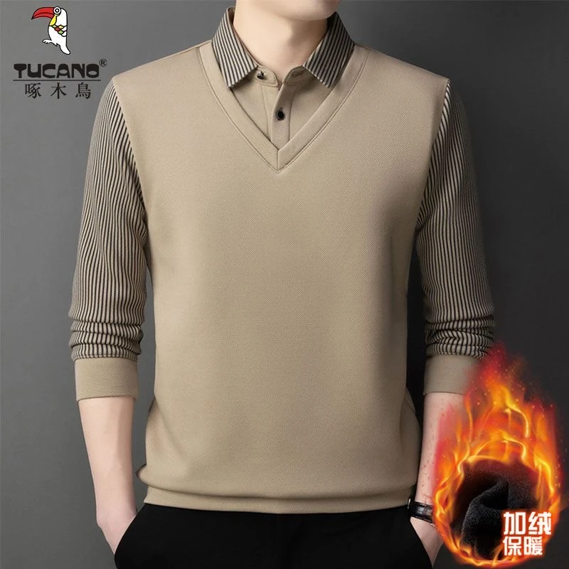 啄木鸟男士polo衫加绒加厚秋冬季假两件衬衫领上衣保暖长袖打底衫