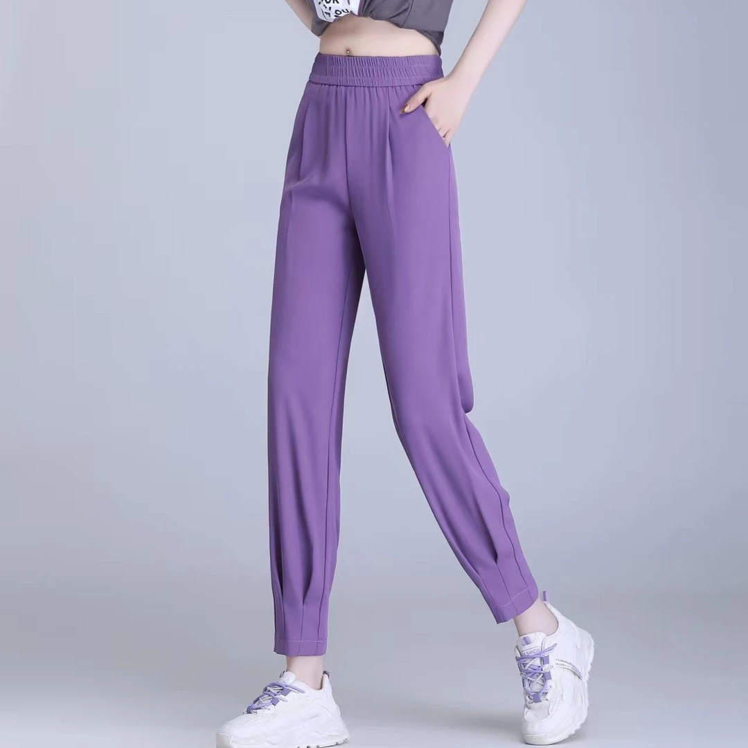 新款冰丝九分裤女直筒宽松休闲长裤垂感显瘦高腰夏季时尚通勤弹力