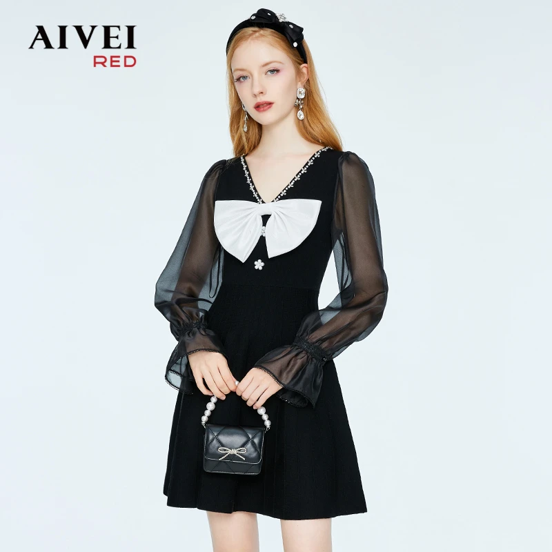AIVEI艾薇气质甜妹钉珠V领蝴蝶结连衣裙P056S013
