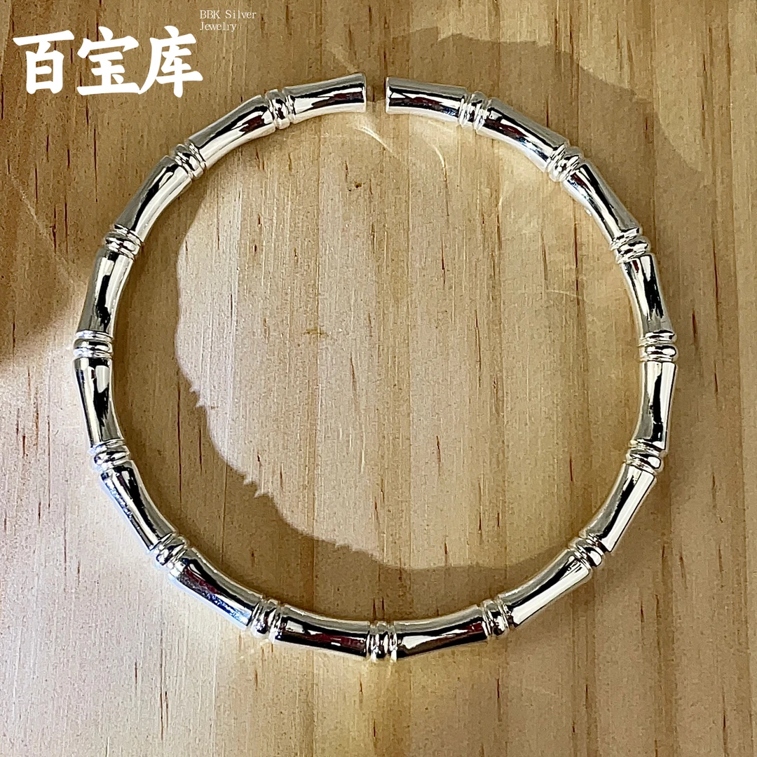 七金珠宝 足银手镯 【圆棍竹节】亮面开口9999实心银镯经典百搭素款