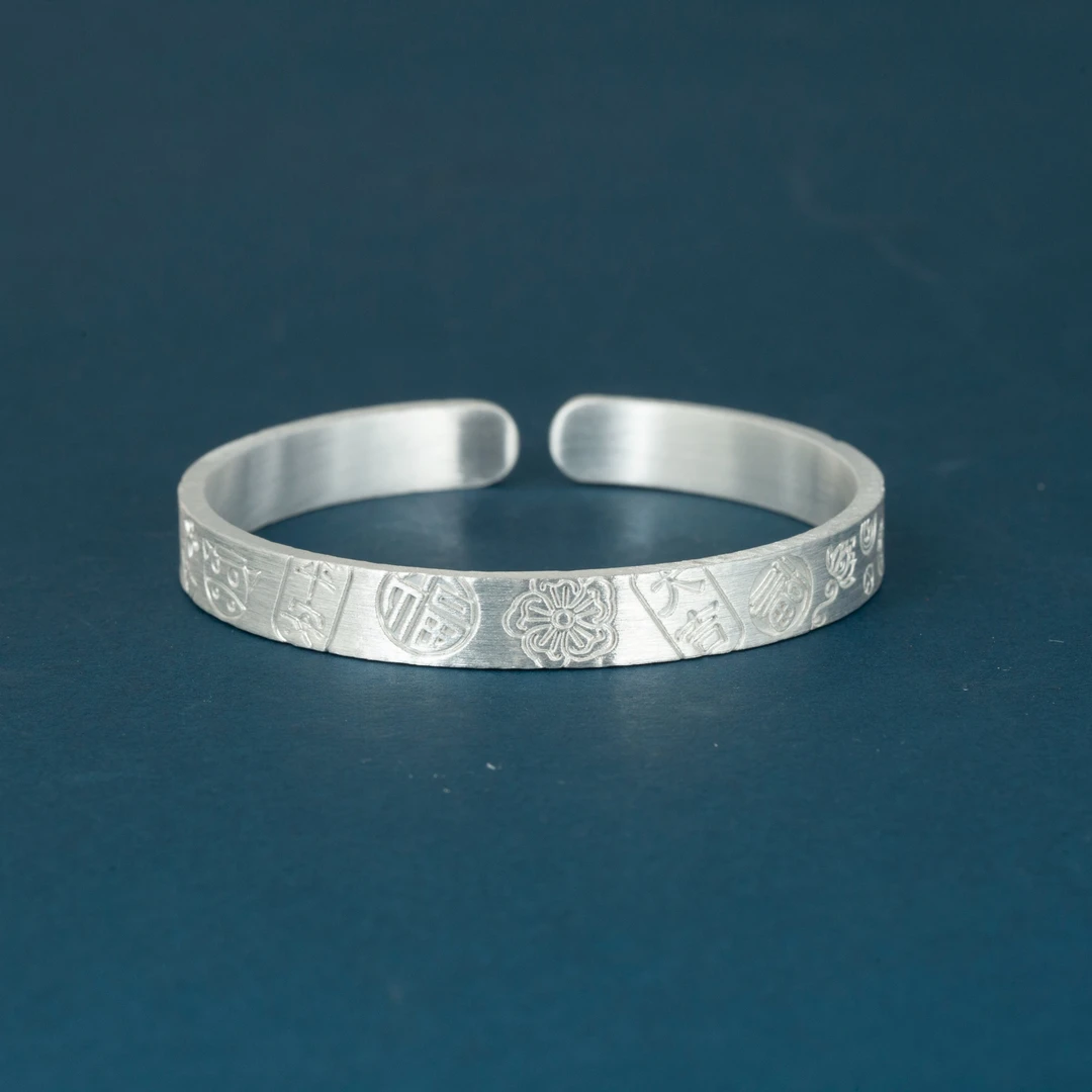 足银手镯 【小二直播间】古法国潮风平安喜乐手环复古招财猫吉言