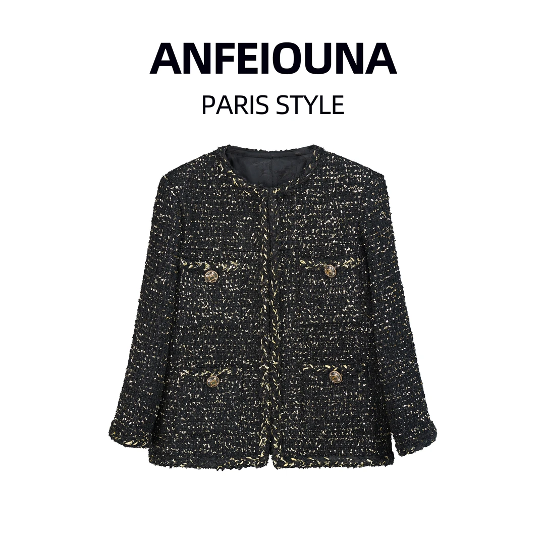 2025高级看洋气法式 亮丝黑色小香风外套6457