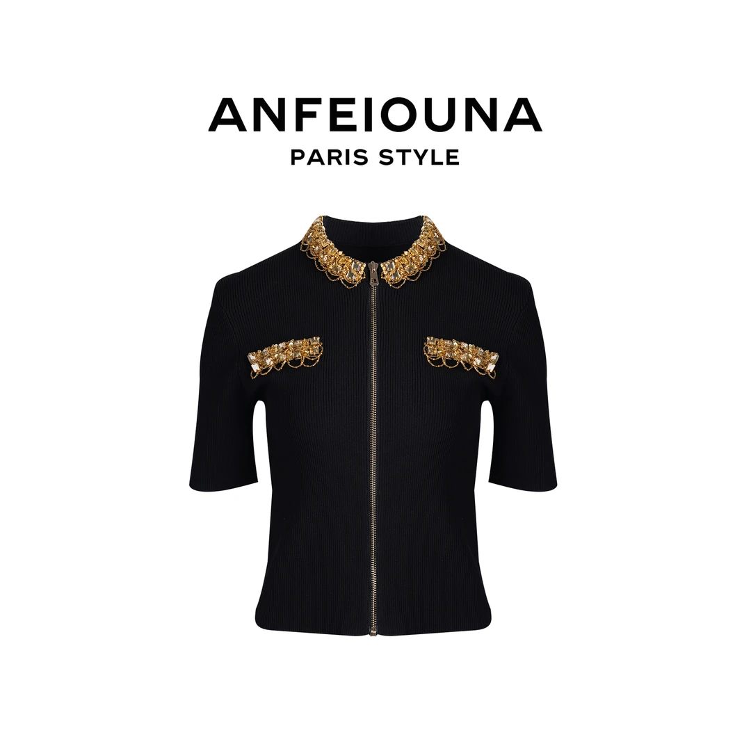 2025新款短袖针织衫法式复古重工钉珠拉链修身薄款上衣女士1168
