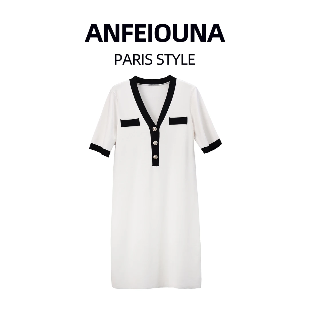 2025新款气质V领名媛小香撞色短袖针织连衣裙7176