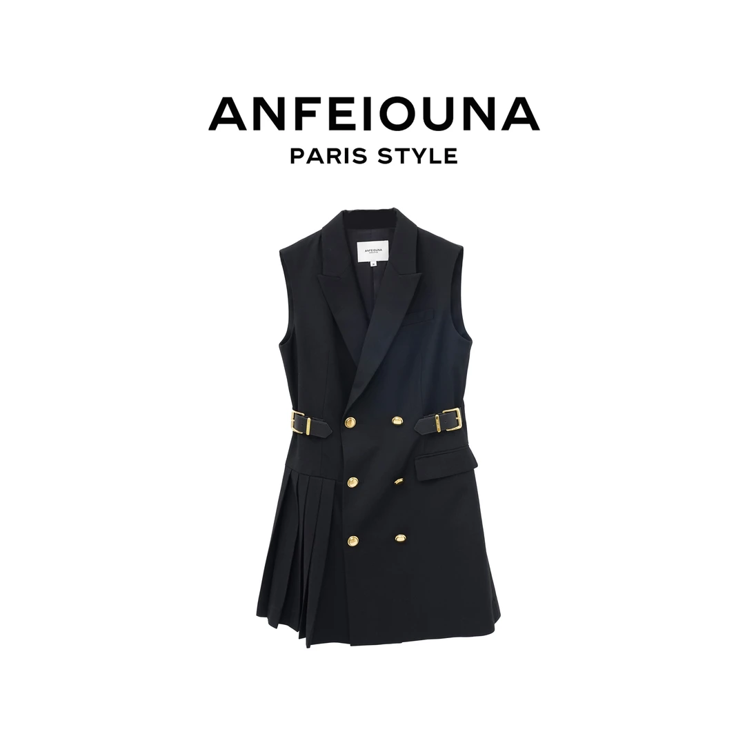 2025新款双排扣马甲时尚气质西装领压褶百搭连衣裙女士1187