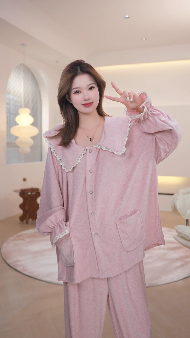 【口袋款】高密毛巾绒韩式睡衣女2024秋冬新款宽松高级两件套