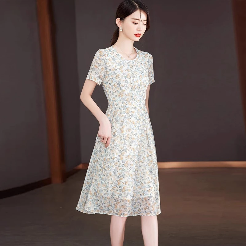 雪纺连衣裙2024新款女夏季小碎花高端气质名媛小个子修身显瘦裙子
