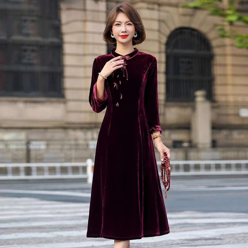 高端真丝丝绒连衣裙女秋季新中式桑蚕丝改良旗袍宴会妈妈礼服新