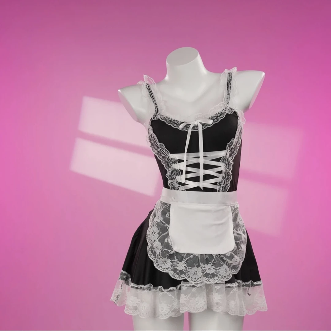 密境【情调】大码80-180女士性感洛丽塔黑白蕾丝蝴蝶结吊带纯欲睡裙