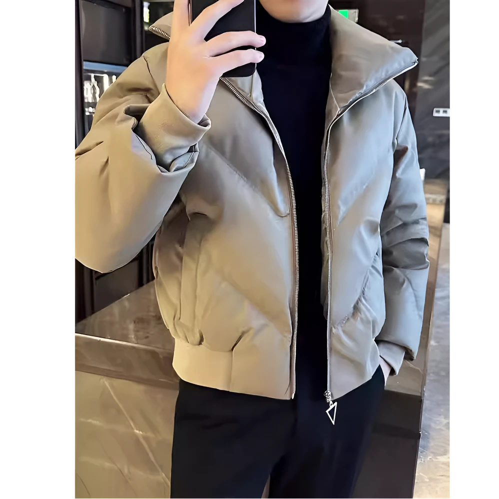 新款男立领冬季外套加厚短款面包服韩版潮流宽松棉袄PU皮衣修身