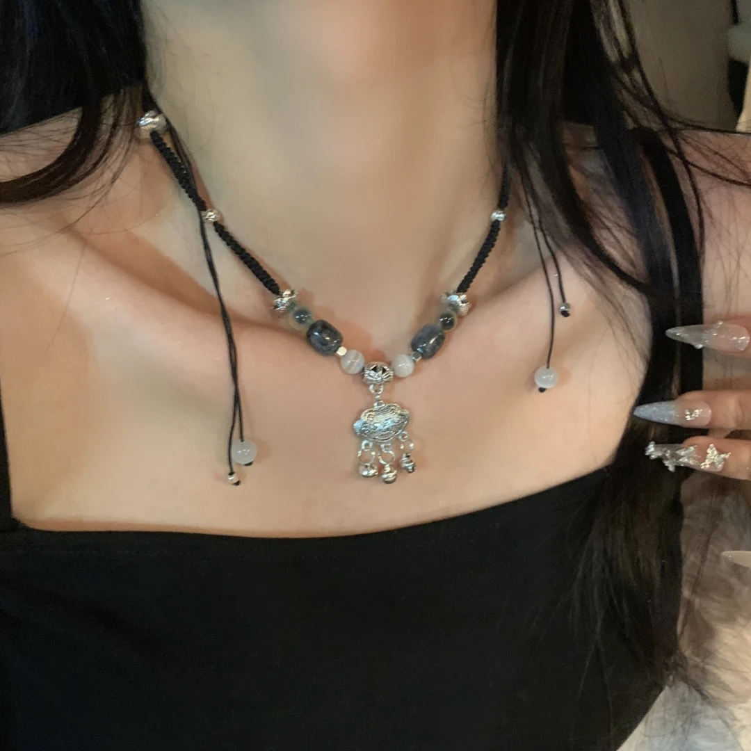 锌合金项链 时尚编织平安锁项链女小众设计一步一响中式抽拉颈链