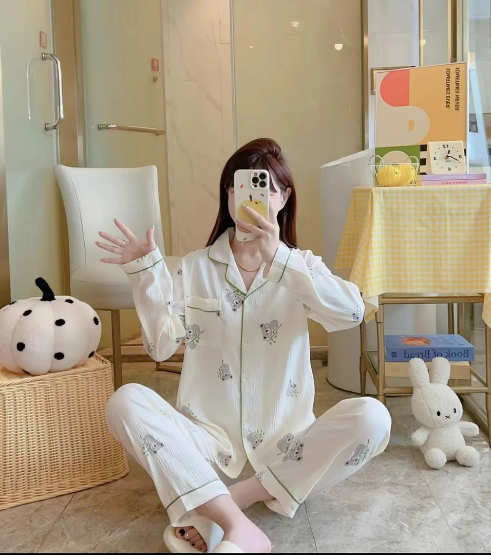 133【长袖长裤+胸垫】小考拉四季款小清新云朵棉睡衣套装居家服