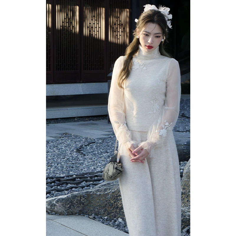 刺绣网纱上衣搭半裙浣熊毛套装