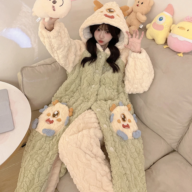 运补『麋鹿大眼怪』省服夹棉外出冬季睡衣珊瑚绒冬天加绒保暖家居服
