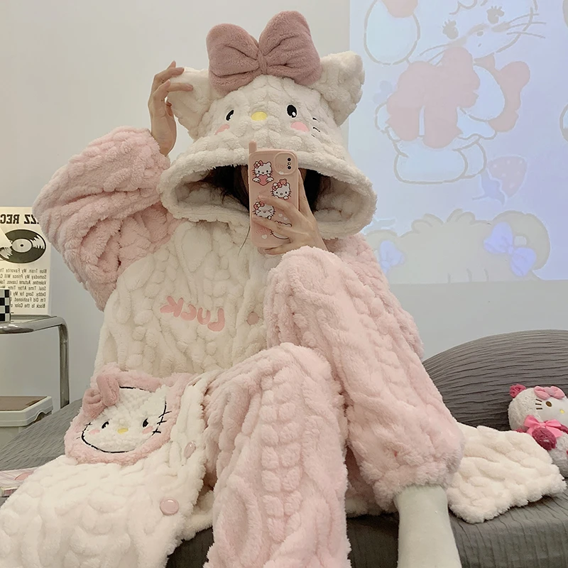 运补『KT猫』睡袍秋冬加绒加厚冬天保暖搭子连帽甜美少女睡衣家居服