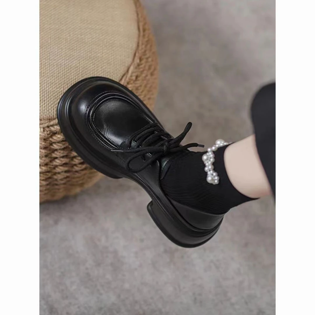 圆头乐福鞋乐福鞋女鞋单鞋时尚百搭黑色真皮厚底乐福鞋春秋休闲