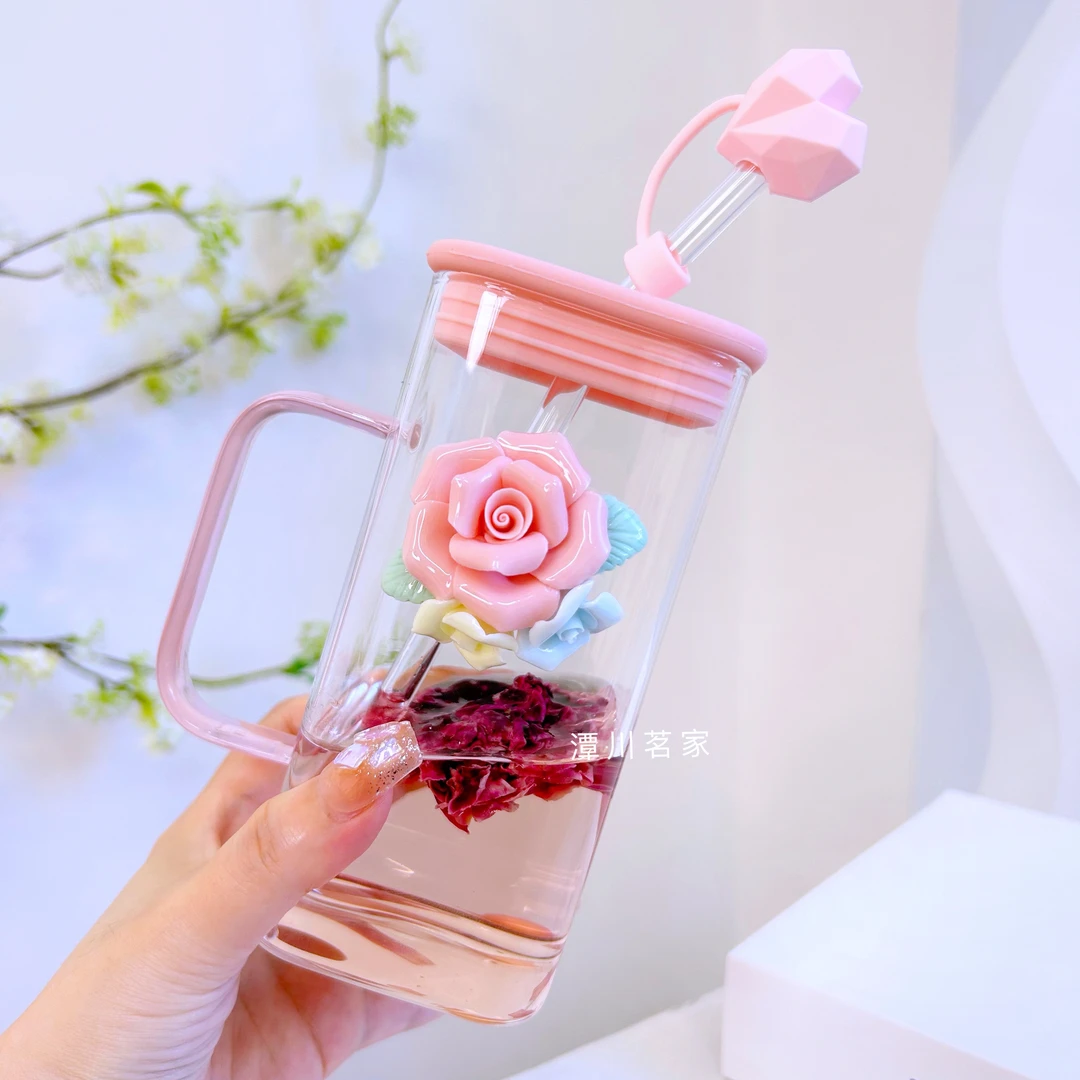可加热水杯玻璃杯女高颜值2025新款吸管杯家用办公室带盖泡茶杯子