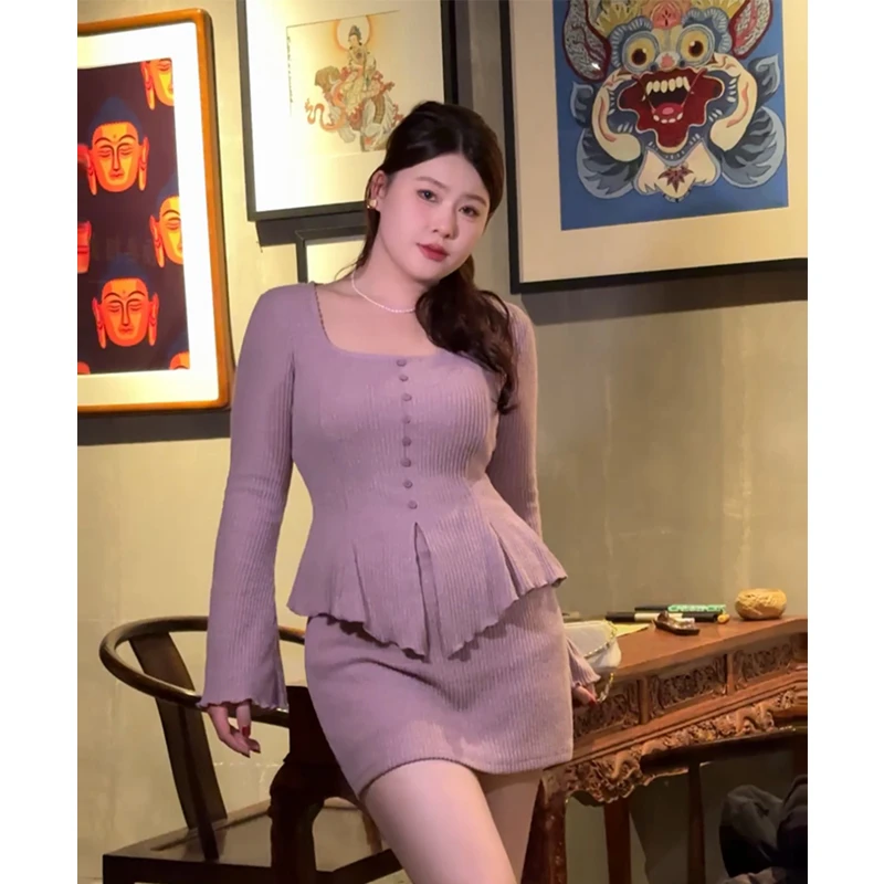 DMcc【淡颜月光】纯欲风辣妹方领修身针织开衫高腰显瘦包臀短裙女