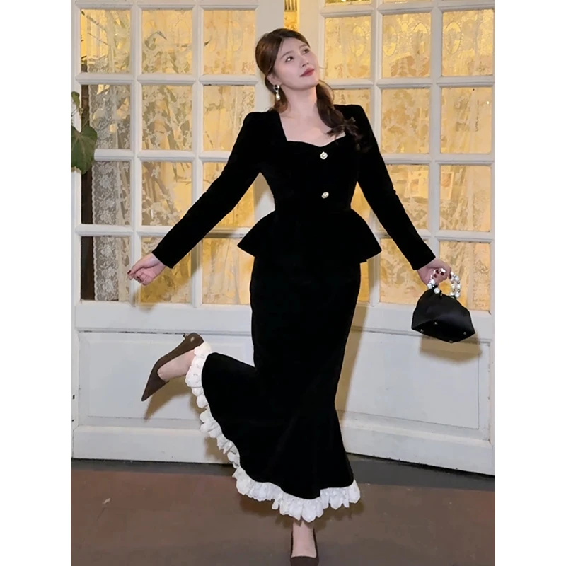 DMcc【财阀DaLing】大蜜胖MM法式赫本风丝绒黑色复古吊带鱼尾裙套装
