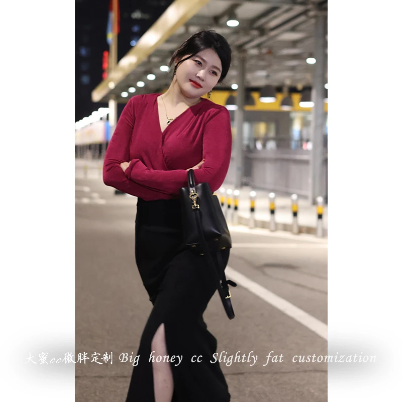 「DMcc大蜜」秋季气质性感交叉V领上衣+开叉包臀半身裙微胖mm显瘦