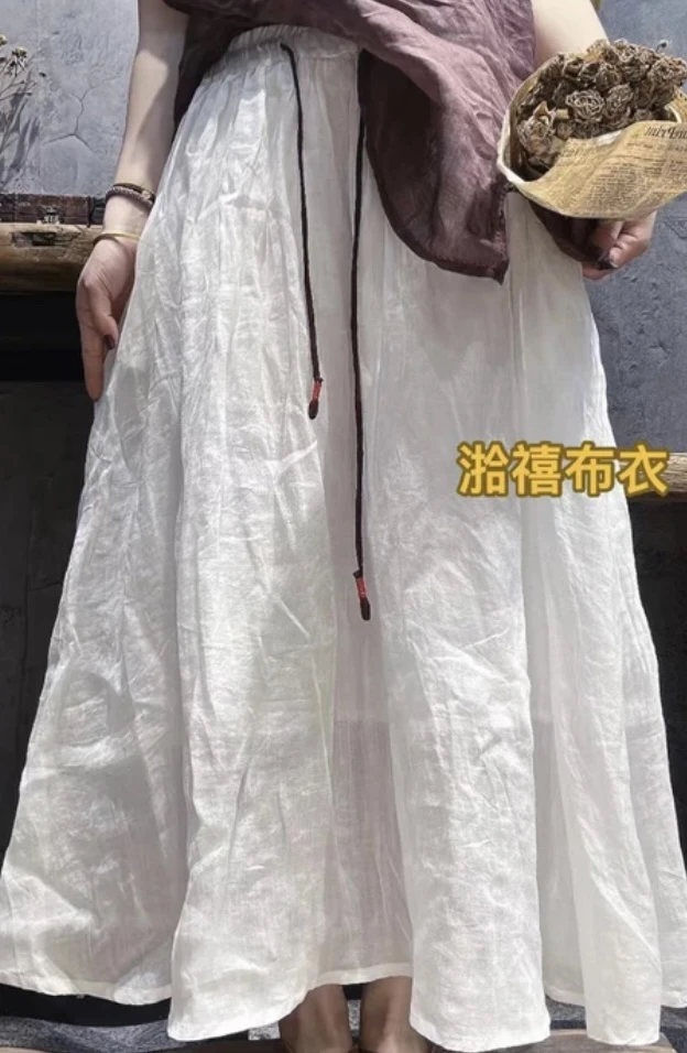 024 夏季新款苎麻双层半身裙文艺简约百搭松 紧大摆裙