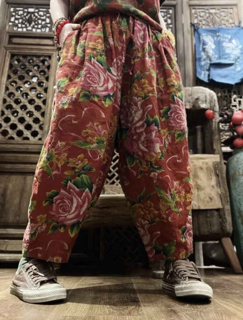 售0 慢慢变蓝 茶复古文艺做1宽松东北老花休闲裤 新款