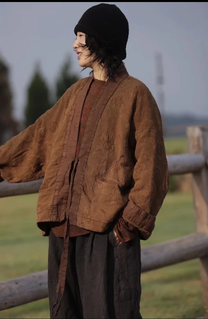 古兰木原创新款复古做旧宽松丝麻提花刺绣双层 外套设计感