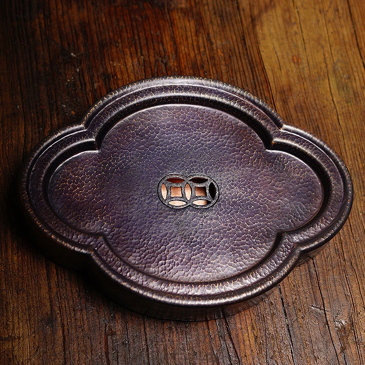 平美斋 手工捶打海棠壶承 海棠干泡台 纯铜茶盘 手工紫铜茶盘