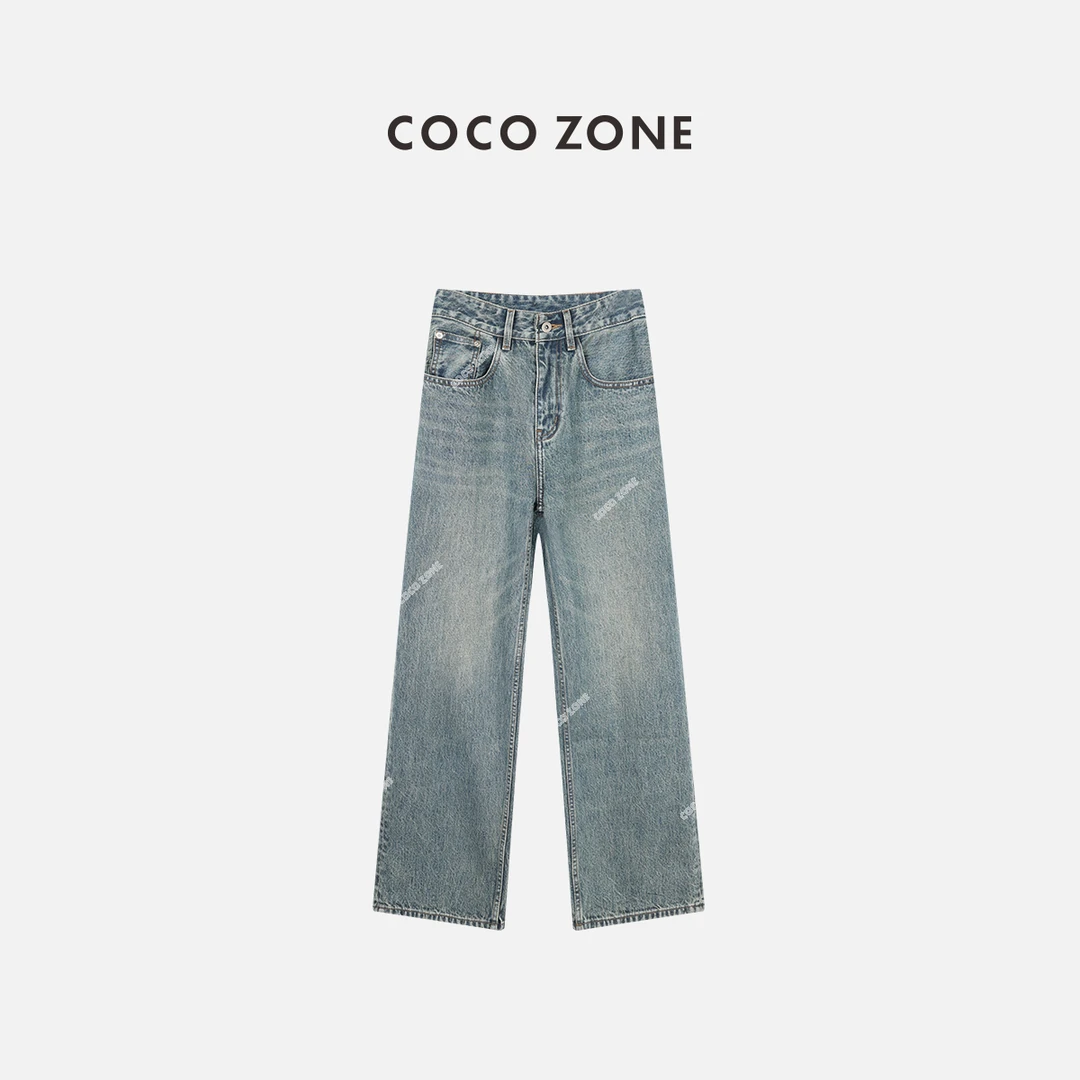 COCO ZONE 100%棉美式复古牛仔裤显瘦直筒阔腿裤23C19669