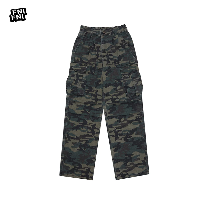 国潮迷彩直筒阔腿长裤宽松伞兵做旧男女休闲工装裤男女同款