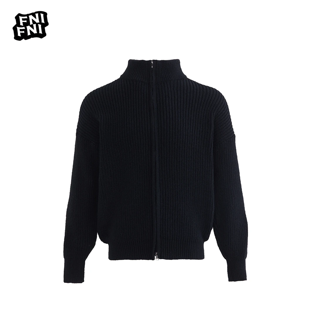 国潮纯色立领拉链毛衣秋冬垂感潮牌宽松针织衫外套