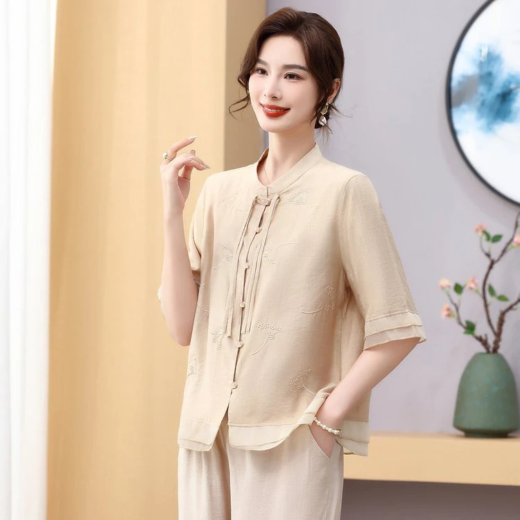 新款妈妈装短袖中式衬衫上衣大码中老年时尚洋气小衫夏季