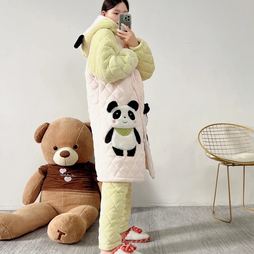 卡通动物加绒加厚冬季防寒保暖女款三层夹棉可外穿连帽睡衣家居服
