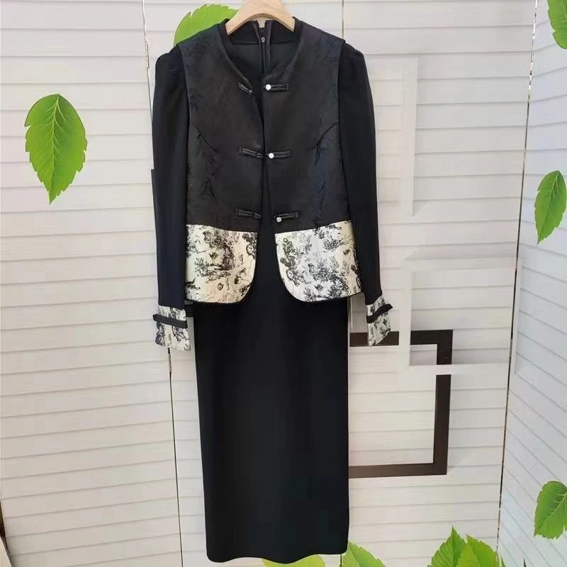 新中式国风复古套装马甲女2024年新款高级感黑色显瘦轻熟风两件套