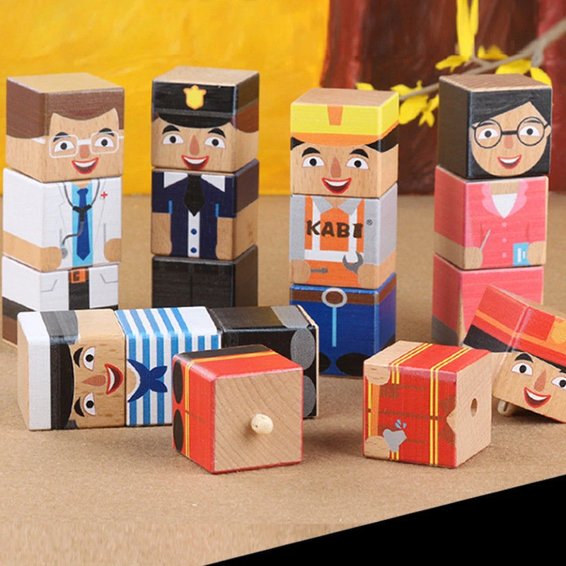 人物职业拼装积木益智玩具榉木纯实木材质