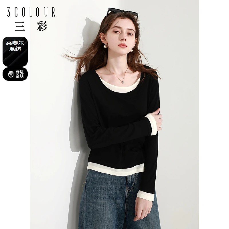 三彩2024春季撞色假两件拼接T恤女装圆领宽松上衣简约时尚打底衫
