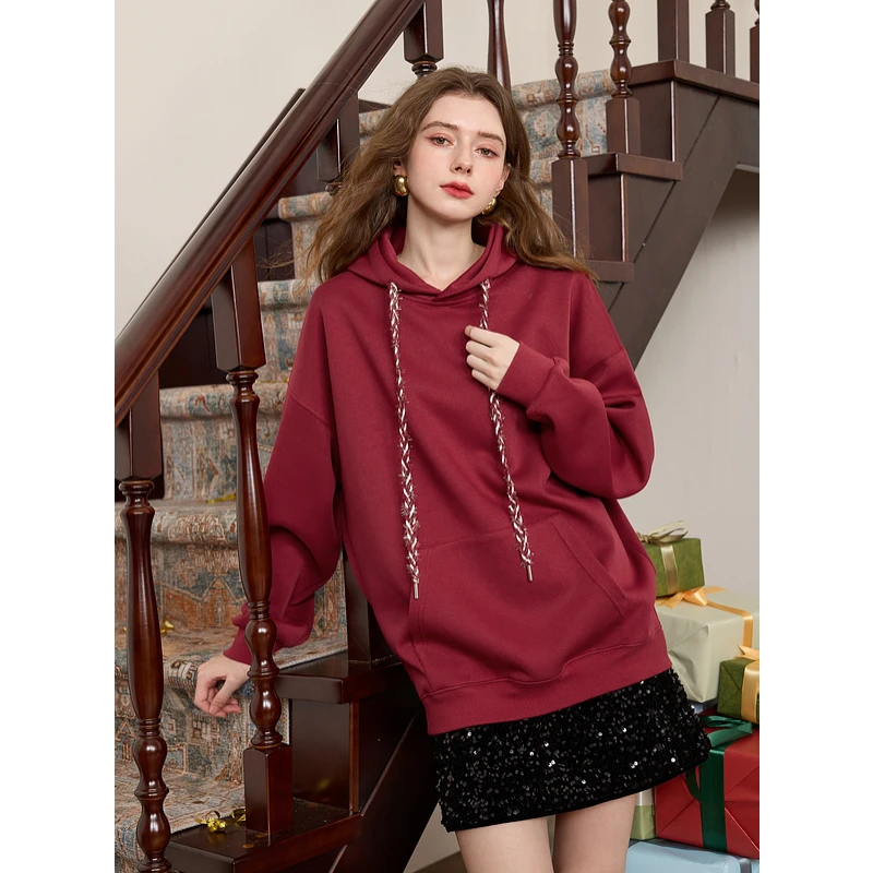 三彩2025春季新款连帽卫衣宽松套头衫落肩袖休闲上衣安可拉红M