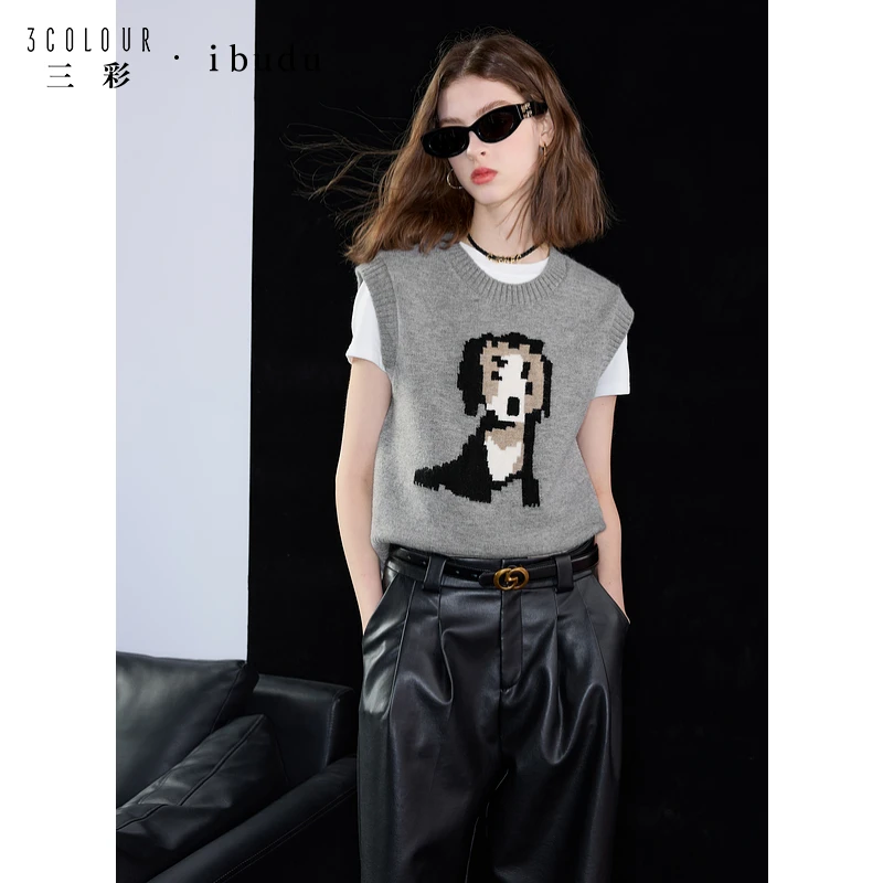 三彩ibudu2025新款趣味马赛克提花毛衫背心女针织衫设计感