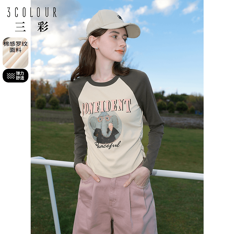 三彩2024春季美式复古大象印花T恤女圆领休闲打底衫修身短款上衣