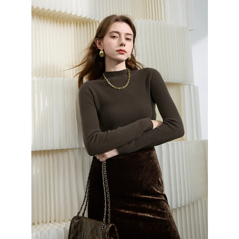 三彩2024冬季新款绵羊毛针织衫半高领内搭毛衣打底衫修身简约女M